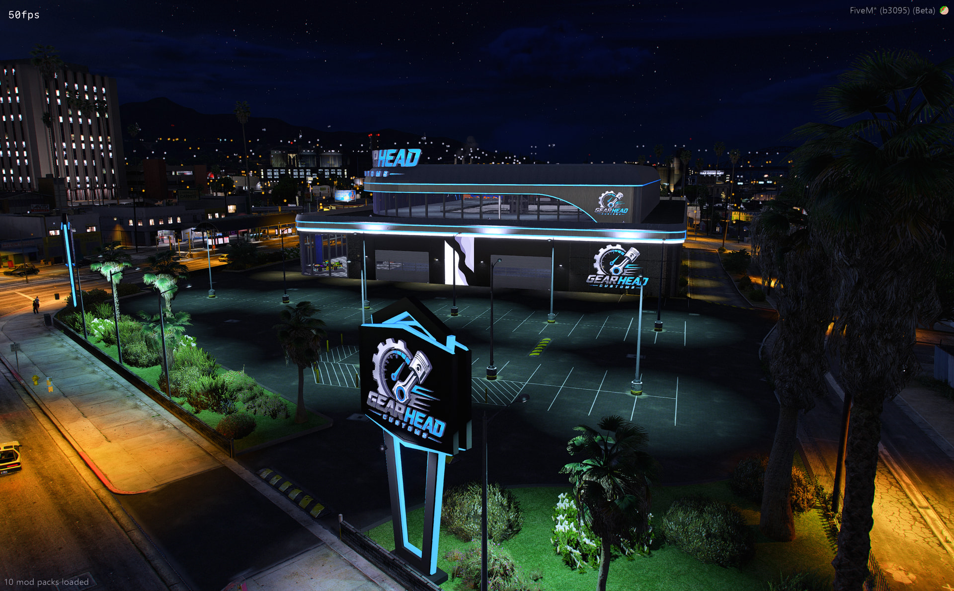 Custom workshop exterior at night